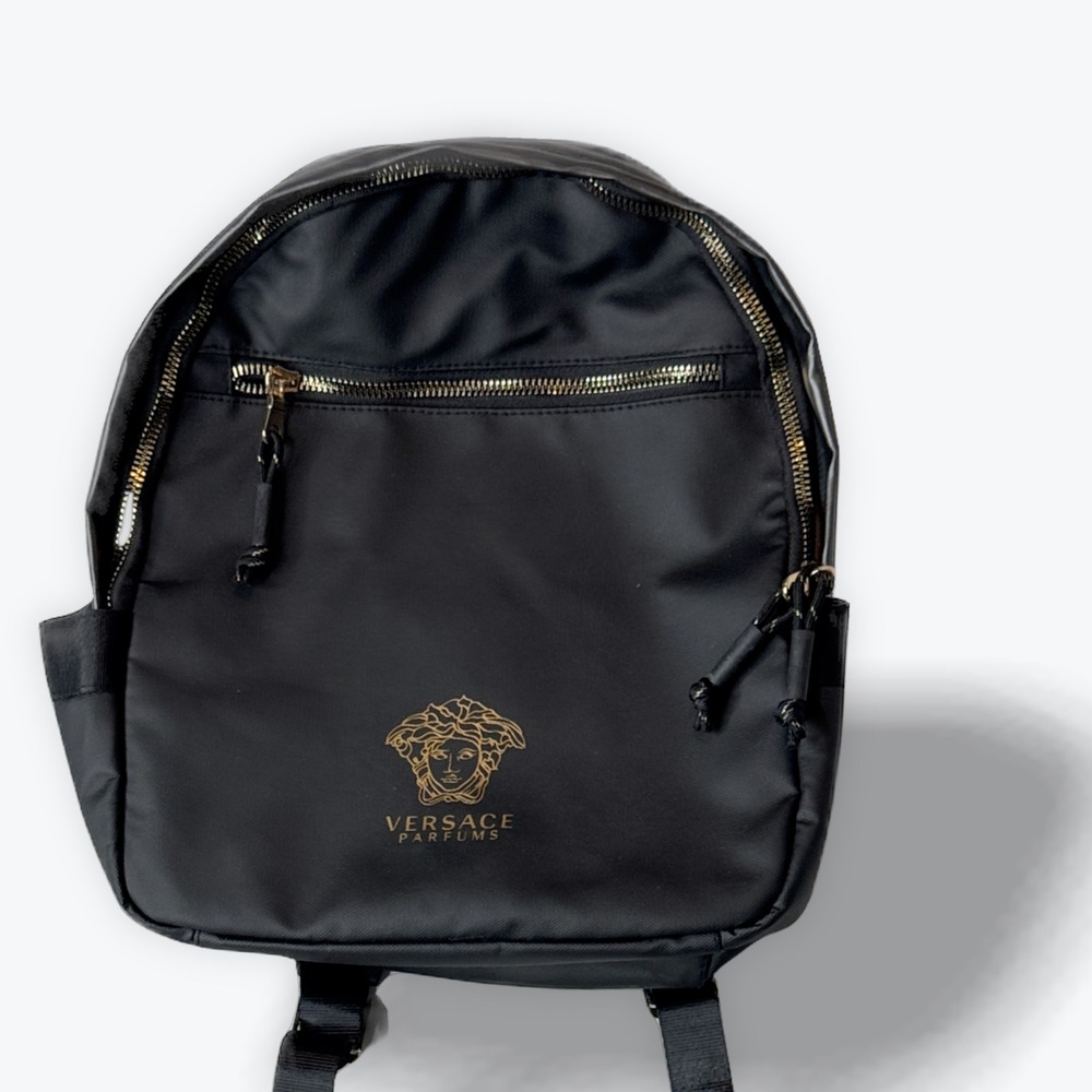 Versace Parfums Nylon Backpack Black Gold Medusa Logo Greek Key Straps Bag